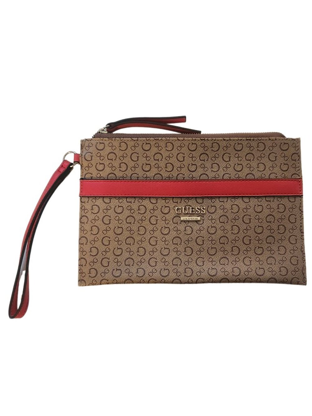 GUESS Brown Logo Wristlet Clutch Red Trim 9x6 Never Used